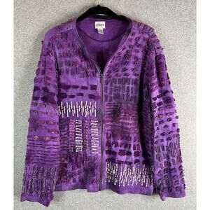 Chico’s Size 3 Purple Textured Zip Front Jacket Cotton Boho Art To Wear